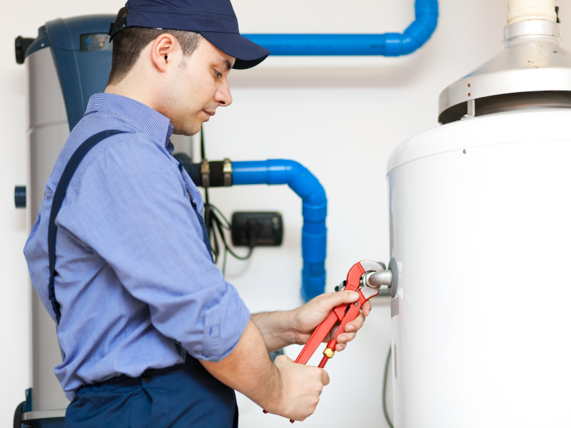 Image of an HVAC technician servicing a furnace in an Edmonton homeowner's house.