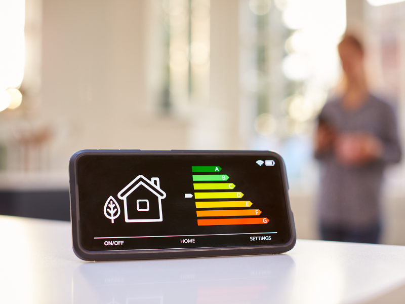 Energy-efficient thermostat displaying temperature settings. Annual Furnace Servicing for Warranty Protection.