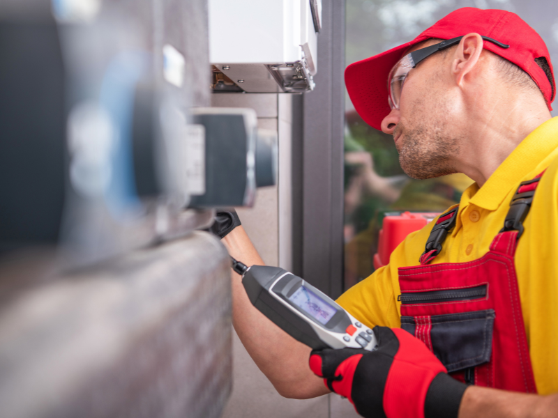 HVAC technician conducting a maintenance check on a furnace. A complete HVAC system maintenance checklist.