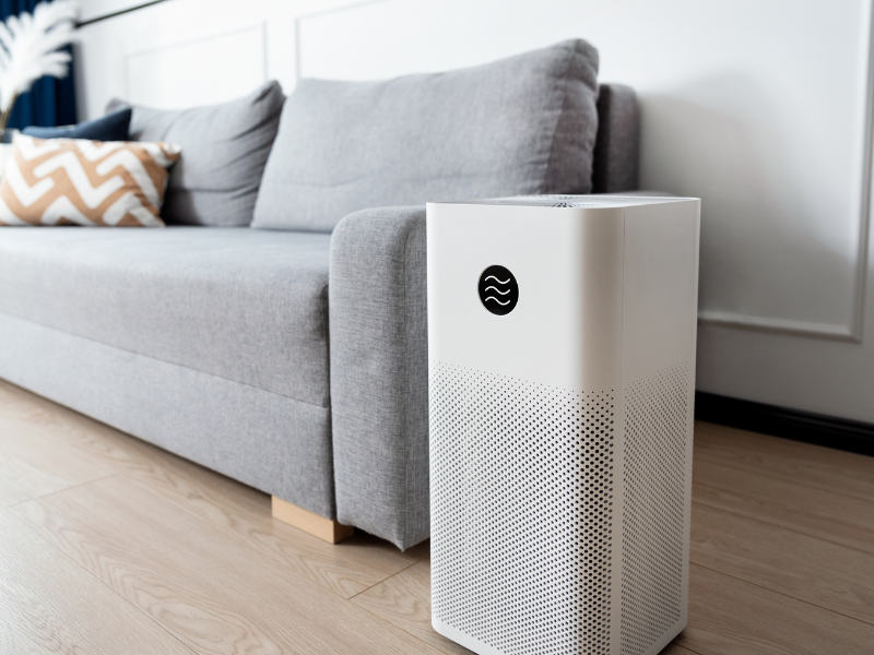 Modern living room with a smart air purifier ensuring clean indoor air.