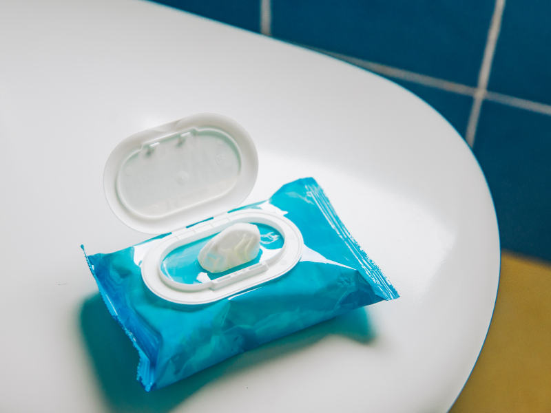 A package of so-called "flushable" wipes sitting on a bathroom counter. Busting Plumbing Myths For Edmonton Homeowners.